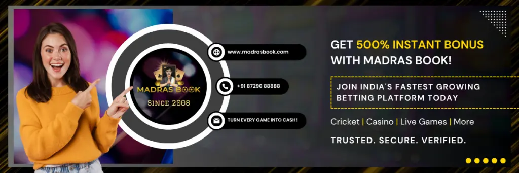 Madras Book mobile hero banner showing cricket ID signup